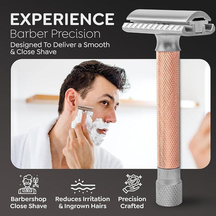 Parker Variant Adjustable Double Edge Safety Razor and 5 Parker Premium Blades (Rose Gold)