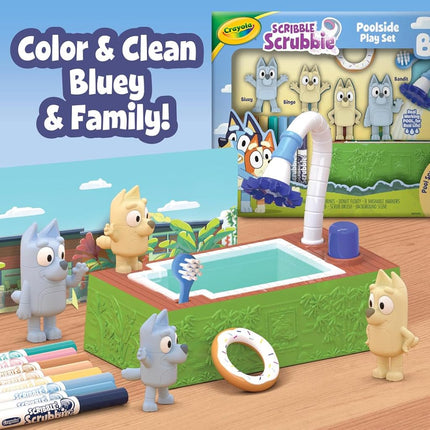 Crayola Scribble Scrubbies Bluey Poolside Playset (4 Carat) Bluey Toy Washable Kids Holiday for Toddlers with Bingo, Chile and Bandit, Age 3+