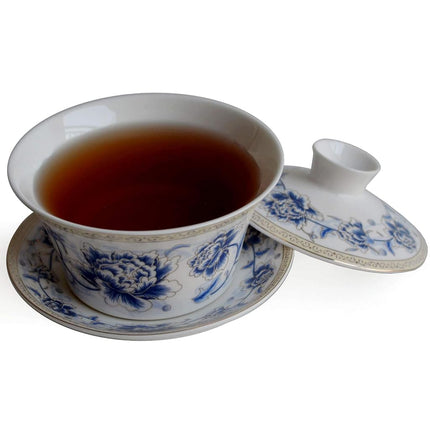 Chinese Porcelain Teacups 10oz Gaiwan Flower Tureen Tradition Sancai Cover Bowl Lip Cup Saucer Tea Set Loose Tea Blooming (Blue Silk Peony)