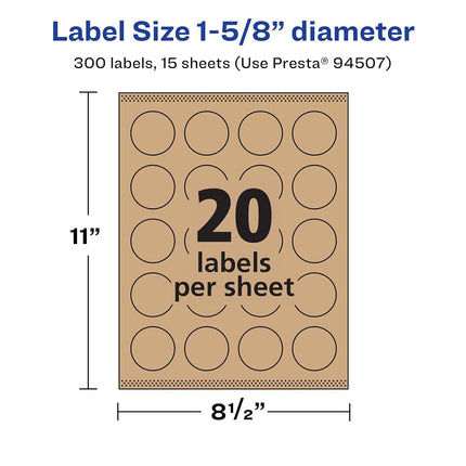 Avery Kraft Brown Round Labels with Sure Feed, 1-5/8" Diameter, 300 Kraft Brown Labels, Print-to-The-Edge, Laser/Inkjet Printable Labels