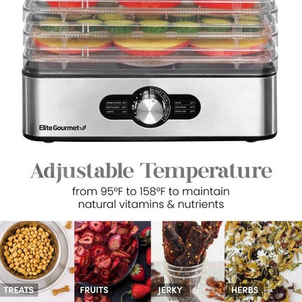 Déshydrateur alimentaire Elite Gourmet, déshydrateur alimentaire avec plateaux en acier inoxydable, commandes de température réglables, pour viande séchée, herbes, fruits, légumes, collations, 5 plateaux