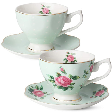 BTäT- Floral Tea Cups and Saucers, Set of 2 (Green
