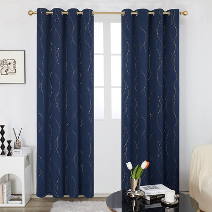 Deconovo Cortinas Opacas con Estampado de Lámina Dorada con Ondas y Puntos, con Ojales, para Dormitorio, Azul Marino, 52 x 108 Pulgadas, Juego de 2