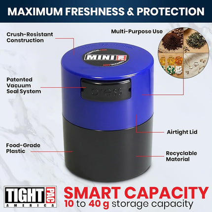 Tightpac America Minivac 1-Ounce Vacuum Sealed Dry Goods Storage Container, Black Body/Dark Blue Cap (TV1-SDB)