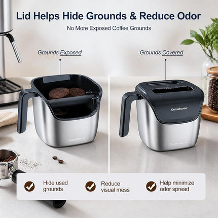 Ourokhome Espresso Knock Box with Lid, Compact Coffee Grounds Container for Home Coffee Bar, Removable Knock Bar, 304 Stainless Steel Exterior, Non-Slip Base & Handle, Easy Clean