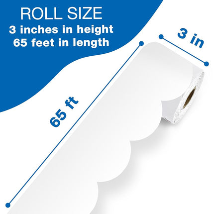 Carson Dellosa 65Ft of White Bulletin Board Borders, 1 Roll of Scalloped Trim for Rolling Whiteboard, Cork and Posterboard, Party, Office Decorations, and Classroom Decor