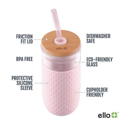 Ello Devon Glass Tumbler with Splash Proof Wooden Lid and Straw, Protective No Sweat Silicone Sleeve, Perfect for Smoothies and Iced Coffee, BPA Free, Dishwasher Safe, Pink Satin, 18oz