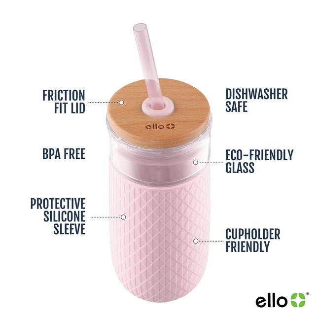 Ello Devon Glass Tumbler with Splash Proof Wooden Lid and Straw, Protective No Sweat Silicone Sleeve, Perfect for Smoothies and Iced Coffee, BPA Free, Dishwasher Safe, Pink Satin, 18oz
