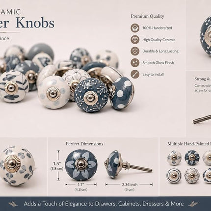 JGARTS - 20 x Hand Painted Ceramic Cabinet Drawer Knobs Grey and Cream White