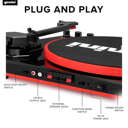 Gemini Pro Audio Modern 3 Speed Bluetooth Classic Vinyl Record Player Turntable with Dual 50W Dynamic Stereo Speakers for Stereo System for Home with Stylus and Cartridge