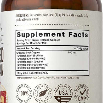 Grassfed Beef Organs Capsules 3250mg | 200 Count | Desiccated Liver, Kidney, Pancreas, Heart, Spleen Supplement | Non-GMO, Gluten Free | by Herbage Farmstead