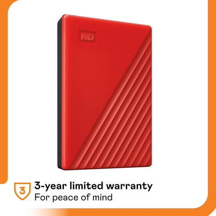 WD My Passport 2TB Portable External Hard Drive, USB 3.2 Gen 1, Red