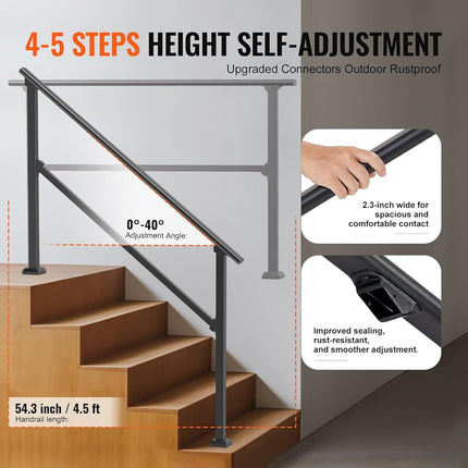 VEVOR Handrails for Outdoor Steps, 4-5 Step Stair Hand Rail Kit, Transitional Carbon Steel Railings with Installation Kit, Stair Rails for Seniors, Concrete Steps & Porch & Deck, Black Square Tube