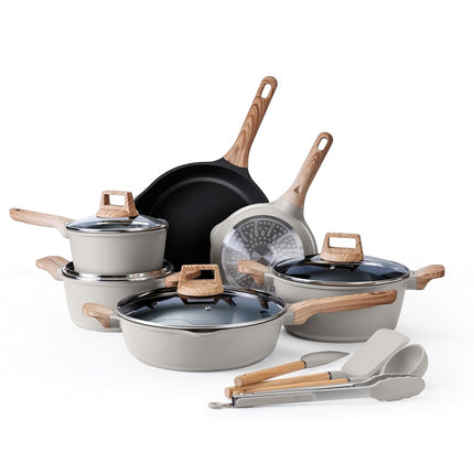 Country Kitchen Pots and Pans Set Nonstick, Cast Aluminum Kitchen Cookware Set with Utensils, 14 Pcs Non Stick Cooking Set w/Frying Pans & Saucepans, Sage