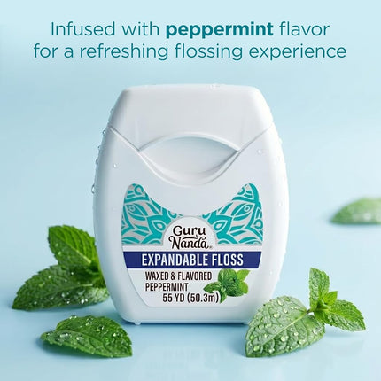 GuruNanda Expandable Waxed Dental Floss for Gentle, Deep Cleaning Wide Teeth Flossing - Peppermint Flavor - 55 Yards