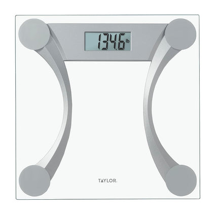 Báscula digital de baño Taylor de vidrio transparente con capacidad de 400 lb y detalles metálicos, plataforma de 11.8 x 11.8 pulgadas, plateada