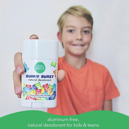 Fresh Monster- Natural Deodorant For Kids And Teens Aluminum-Free, Paraben-Free And Hypoallergenic Dermatologist Tested 24-Hour Protection Gummy Burst Scent 1.76 Oz 1 Count