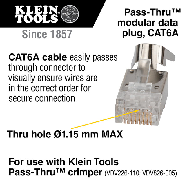 Klein Tools VDV826-754 Modular Data Plug for CAT6A Shielded Cable and Larger Diameter CAT6 Indoor or Outdoor Ethernet Cable, 100-Pack