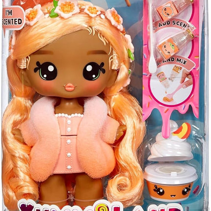 Yummiland Large Doll and Num Nom Lipgloss Pet - Piper Peach and Swirlyboo - Scented Character Doll with DIY Lipgloss Kit - Suitable for Kids Ages 4+