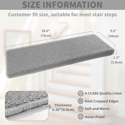 Brakki Bullnose Carpet Stair Treads, Non Slip Stair Treads for Wooden Steps Indoor, Stair Runner, Soft Stair Rugs, Edging Stair Protectors, Washable, 29.5"x9.5"x1.5" 14pcs, Grey