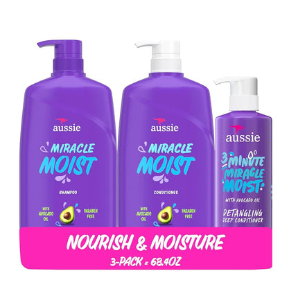 Lot shampooing, après-shampooing et masque capillaire revitalisant intense Aussie Miracle Moist 3 Minute Miracle, infusé d'avocat et d'huile de jojoba australienne, sans parabènes