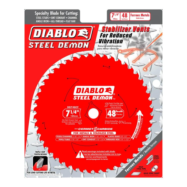 Diablo D0748CF STEEL DEMON 7 1/4 inch 48 Teeth Metal and Stainless Steel cutting Saw Blade CERMET II Carbide Up to 5X Longer Life