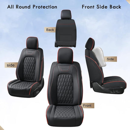 Fundas de asiento de cuero Coverado, juego completo para Ford F150F250F350F450 (2015-2025), fundas impermeables de cojín automotriz para camionetas, ajuste personalizado para F150 SuperCrew y F250-F450 Super Duty Crew Cab (línea roja)