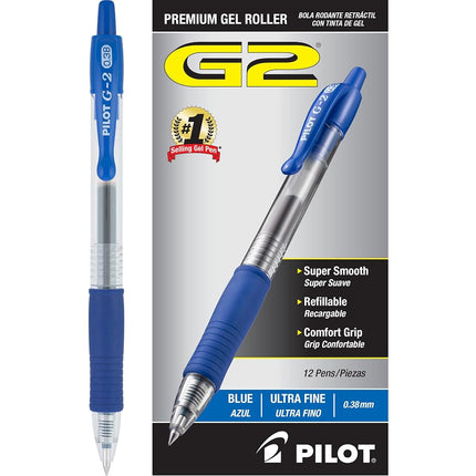 Pilot G2 Retractable Premium Gel Ink Roller Ball Pens, Ultra Fine Point, Blue Ink, Dozen Box -31278