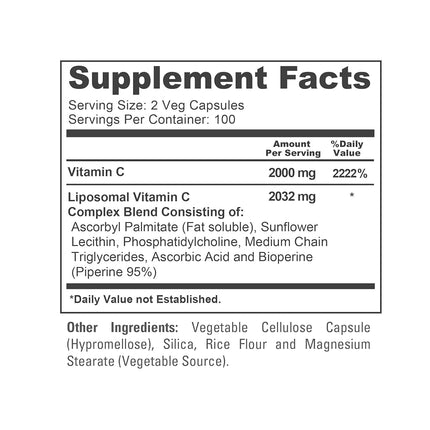 Liposomal Vitamin C 2032mg - 200 Veggie Capsules with BioPerine - High Absorption Ascorbic Acid - Supports Healthy Immune Function and Normal Antioxidant Activity.* High Dose Fat Soluble Supplement