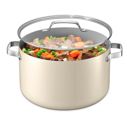 Olla de aluminio de 16 cuartos de galón color crema con tapa, olla antiadherente con revestimiento cerámico, libre de PTFE y PFAS, apta para horno hasta 500°F, asas remachadas de acero inoxidable, tapa de vidrio templado, compatible con todas las estufas