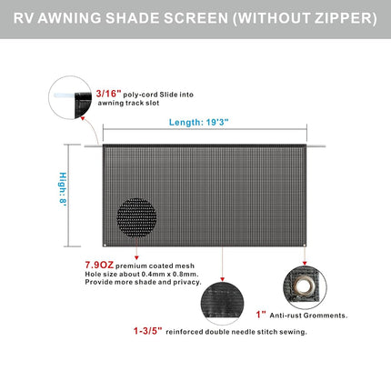 SHADEPLUS RV Awning Shade Screen Without Zipper 8'x19'3'' Black Mesh Universal Trailer Camper RV Awning Screen With Complete Kit Significantly Improves Shadow And Privacy Polyester