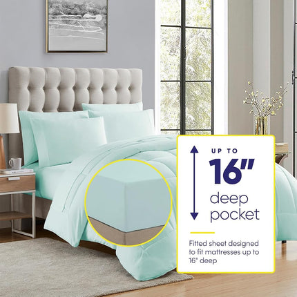Juego de edredón Sweet Home Collection de 7 piezas, color sólido, para todas las estaciones, manta suave de plumón alternativo y sábanas de microfibra de lujo, color aguamarina, tamaño individual