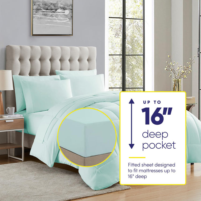 Sweet Home Collection 7 Piece Comforter Set Bag Solid Color All Season Soft Down Alternative Blanket & Luxurious Microfiber Bed Sheets, Aqua, Twin