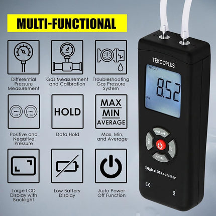 Portable Handheld Digital Manometer HVAC Air Vacuum/Gas Differential Pressure Gauge Meter Tester 11 Units with Backlight, 13.78kPa 2PSI, 1-2 Pipes Ventilation Air Condition System Measurement