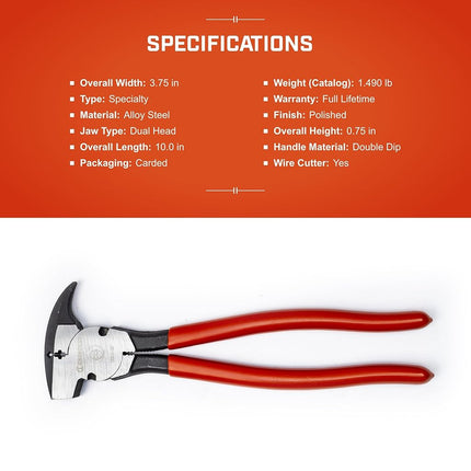 Crescent 10" Dipped Handle Heavy-Duty Solid Joint Fence Tool Pliers - 193410CVNN-05