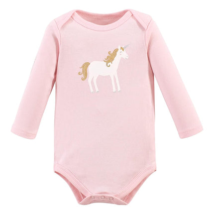 Hudson Baby Baby Girls Cotton Long-sleeve Bodysuits 3-pack, Gold Unicorn, 6-9 Months