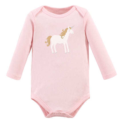 Hudson Baby Baby Girls Cotton Long-sleeve Bodysuits 3-pack, Gold Unicorn, 6-9 Months