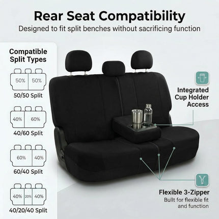 FH Group Light & Breezy Flat Cloth Cars Seat Covers Combo Steering Wheel Cover & Seat Belt Pads, Airbag and Split Rear Universal Fit Interior Accessories Cars Trucks SUV 7 Seater Three Row Set Black