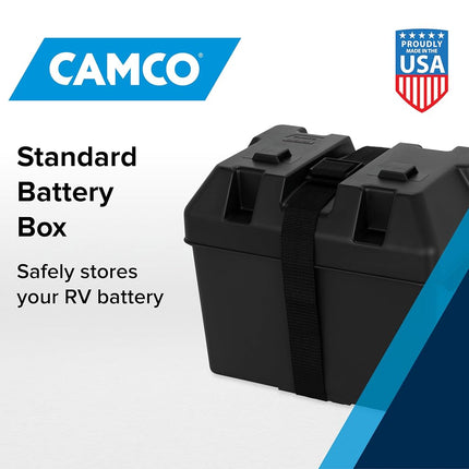 Camco Large Battery Box with Straps and Hardware - Group 27, 30, 31 |Safely Stores RV, Automotive, and Marine Batteries | Measures Inside 7-1/4" x 13-1/4" x 8-5/8" | (55373), Black