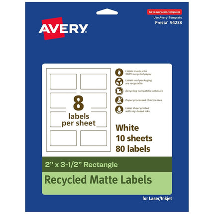 Avery EcoFriendly Matte White Recycled Rectangle Labels, 2" x 3.5", Print-to-The-Edge, Matte White Labels, Permanent Label Adhesive, Laser/Inkjet, 80 Printable Labels