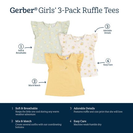 Gerber Baby Girls' Toddler 3-Pack Short Sleeve Tees, Love Nature, 2T