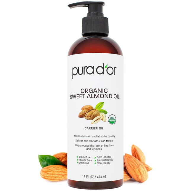 PURA D'OR 16 Oz ORGANIC Sweet Almond Oil - 100% Pu