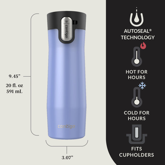 Contigo® AUTOSEAL® West Loop Taza de viaje de acero inoxidable con aislamiento al vacío y tapa de fácil limpieza, 591 ml, paquete de 2, Aster Frosted Pearl; Limelight Frosted Pearl