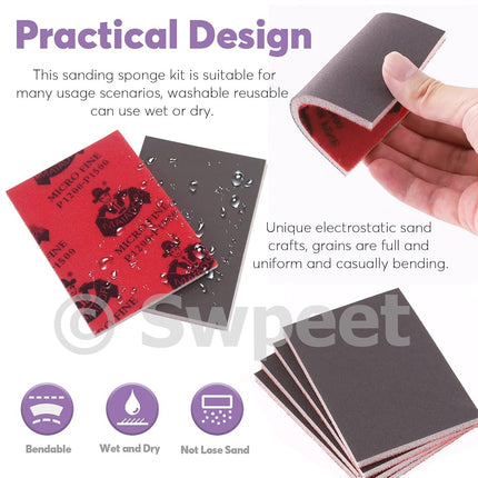 Swpeet 21Pcs 3.9 x 2.8 Inch #2500 Grit Ultra Fine Sanding Sponge Sanding Pads and Wooden Paint Brush Assortment Kit, Soft Foam Sand Block Wet Dry Flexible Sanding Pads for Model Drywall