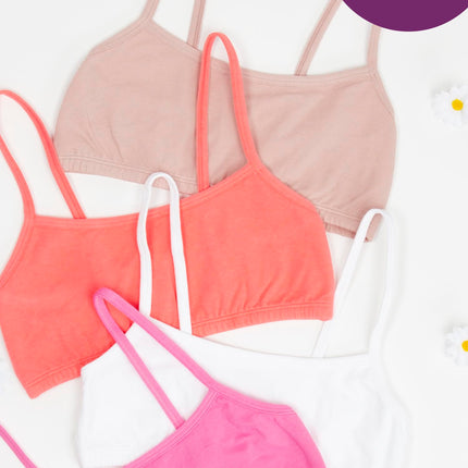 Fruit of the Loom Girls' Cotton Spaghetti Strap Sport Bra, Miami Pink/Sunset Coral/Rose Shadow/White, 36A