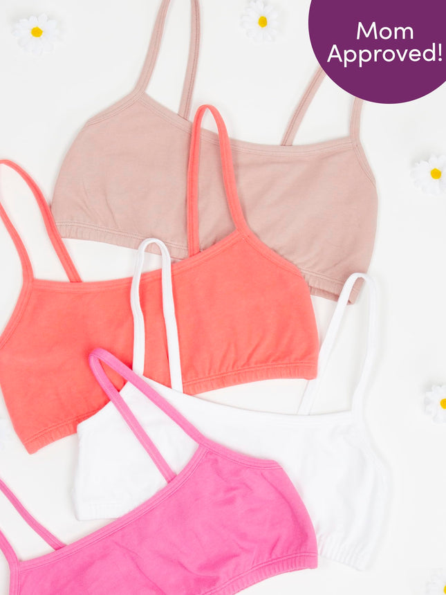 Fruit of the Loom Girls' Cotton Spaghetti Strap Sport Bra, Miami Pink/Sunset Coral/Rose Shadow/White, 36A