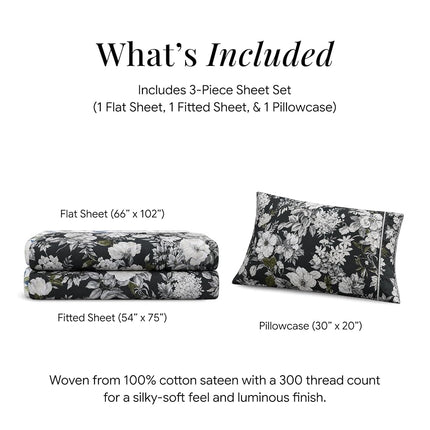 Tribeca Living Twin Bed Sheet Set, 300 Thread Count Soft Cotton Sateen, Floral Print with Extra Deep Pockets, 3-Piece Bedding Set, Vernazza Charcoal/Multicolor