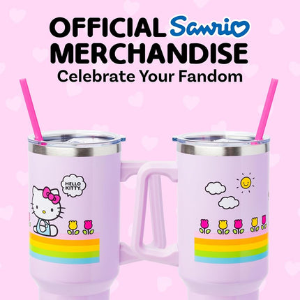 Vaso de acero inoxidable de doble pared Silver Buffalo Sanrio Hello Kitty, diseño de flores de primavera y verano con rayas arcoíris, con asa y popote, cabe en portavasos estándar, 40 onzas