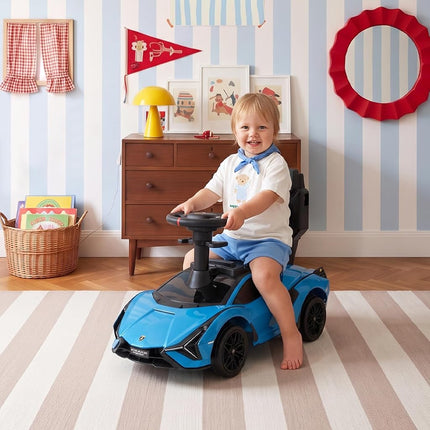 INFANS 3 in 1 Ride on Push Car, Licensed Lamborghini Baby Sliding Walking Car with Parent Control Handle, Music, USB, Headlight, Under Seat Storage, Foot-to-Floor Toy for 18-60 Months (Blue)