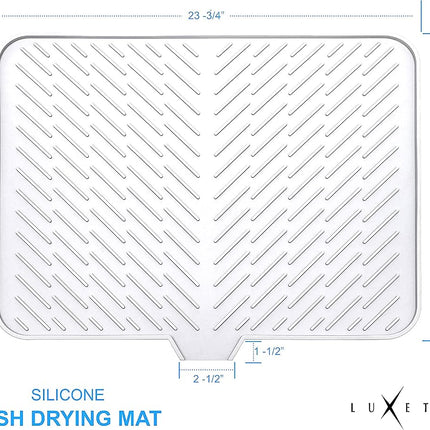 Luxet Silicone Dish Drying Mat with Built-in Drain Lip - Hygienic Drying Pad - Sturdy Compact Easy to Clean Tray Protects Surfaces Prevents Water Build Up - 23 X 17 (White)